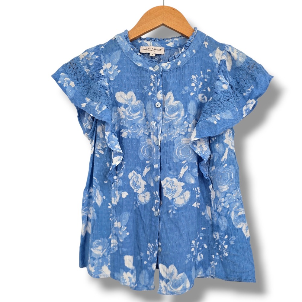 Laura‎ Ashley Blue Floral Ruffle Lace Cap Sleeve Rayon Dobby Blouse Small